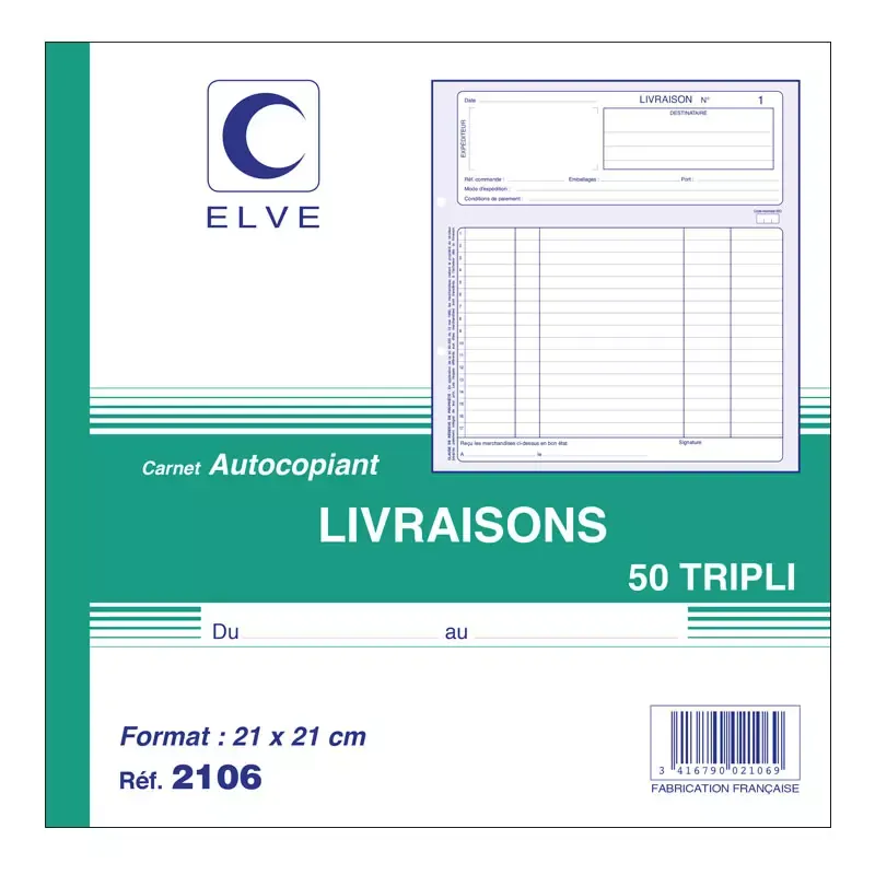 Manifold Elve « Livraisons » tripli autocopiant 210 x 210 mm, 50 feuillets
