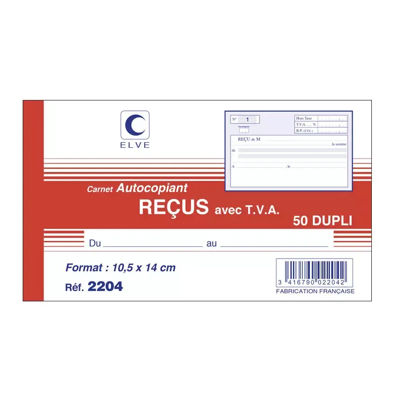 Manifold Elve « Reçus avec TVA » autocopiant dupli, 105 x 180 mm, 50 feuillets