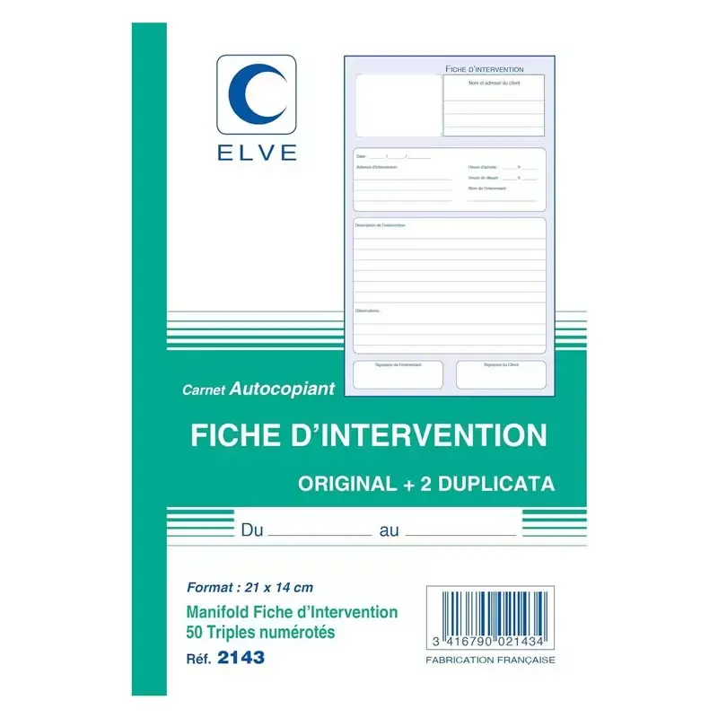 Manifold "Fiche Intervention" Autocopiant 210x140mm