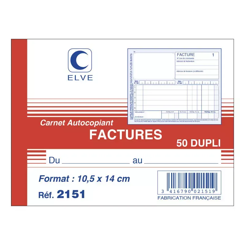Manifold Reçus Elve 105 x 180 mm dupli autocopiant, 50 feuillets