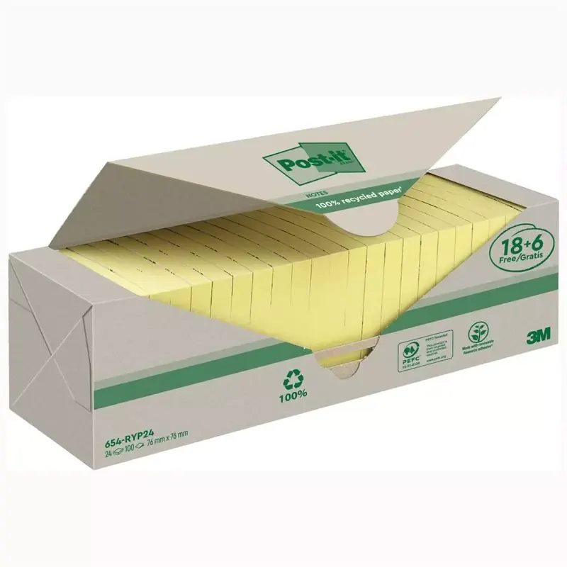 Notes Autocollantes, Recyclés, 18 Blocs + 6 GRATUITS, 76 mm x 76 mm