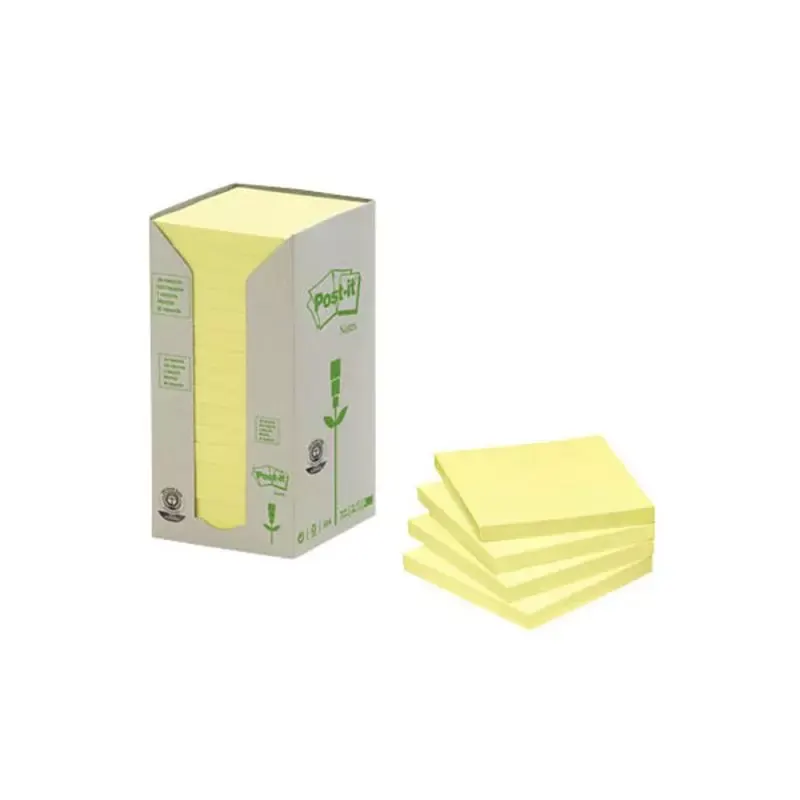 Notes repositionnables Post-it recyclées 76 x 76 mm jaunes (lot de 16 blocs)