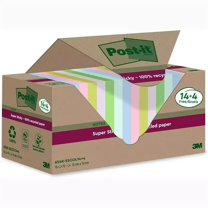 Notes Super Sticky, Recyclés, 14 Blocs + 4, 76 mm x 76 mm, coloré