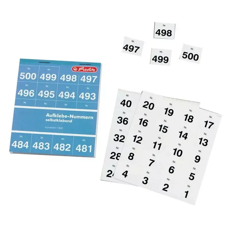 Numéros autocollants de 1 à 500 blancs, chiffres 25 x 21 mm (25 feuilles)