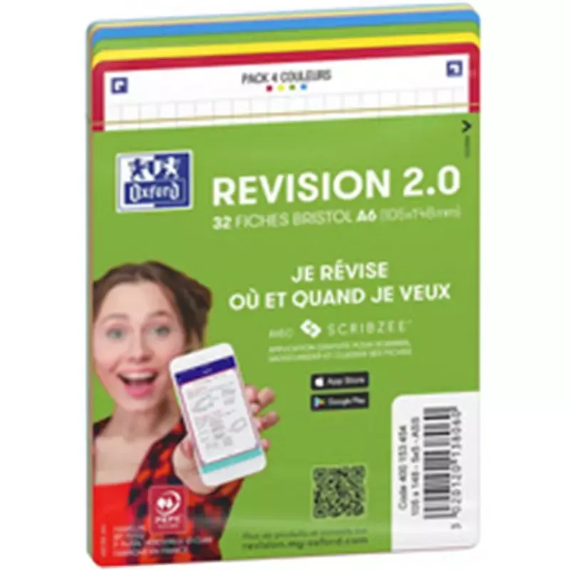 Oxford Fiches bristol REVISION 2.0, A6, bord de couleur