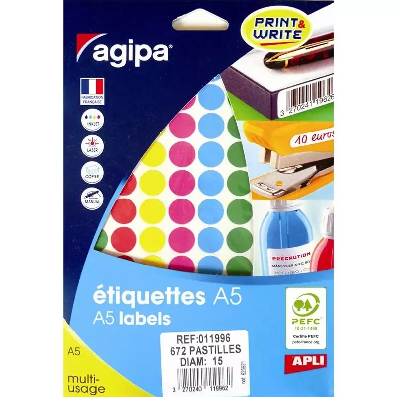 Pastilles adhésives Apli rondes 15 mm couleurs assorties imprimables (672 pastilles)