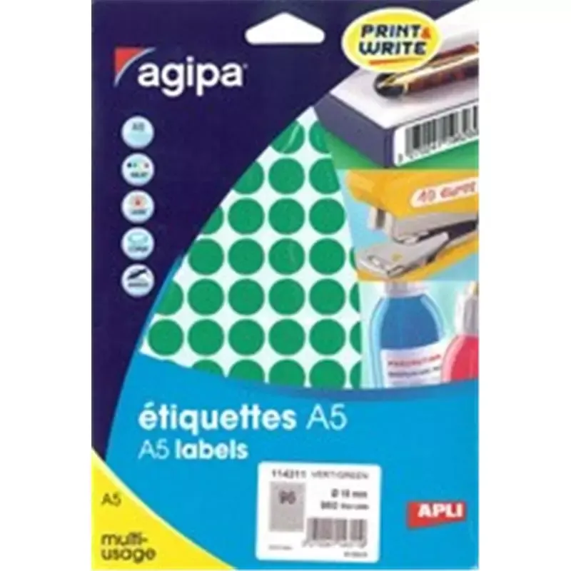 Pastilles adhésives Apli rondes 15 mm jaunes imprimables (960 pastilles)