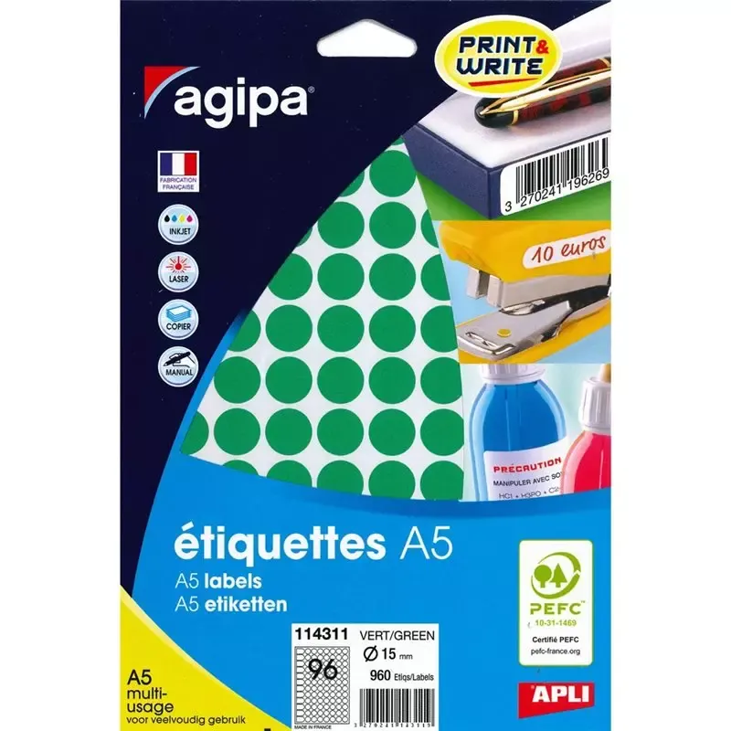 Pastilles adhésives Apli rondes 15 mm vertes imprimables (960 pastilles)