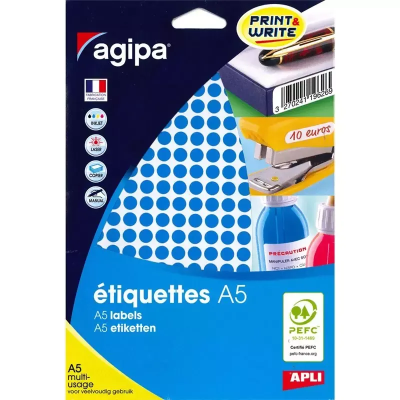 Pastilles adhésives Apli rondes 8 mm bleues imprimables (2940 pastilles)