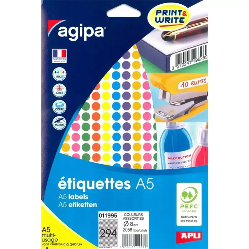 Pastilles adhésives Apli rondes 8 mm couleurs assorties imprimables (2058 pastilles)
