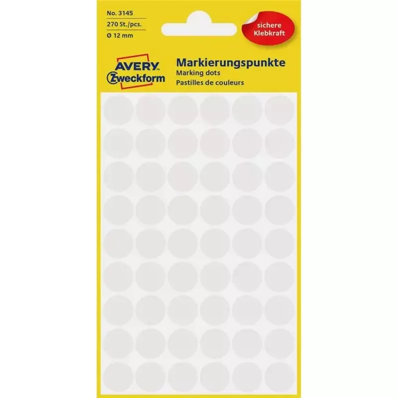 Pastilles adhésives rondes Avery 12 mm blanches (270 pièces)