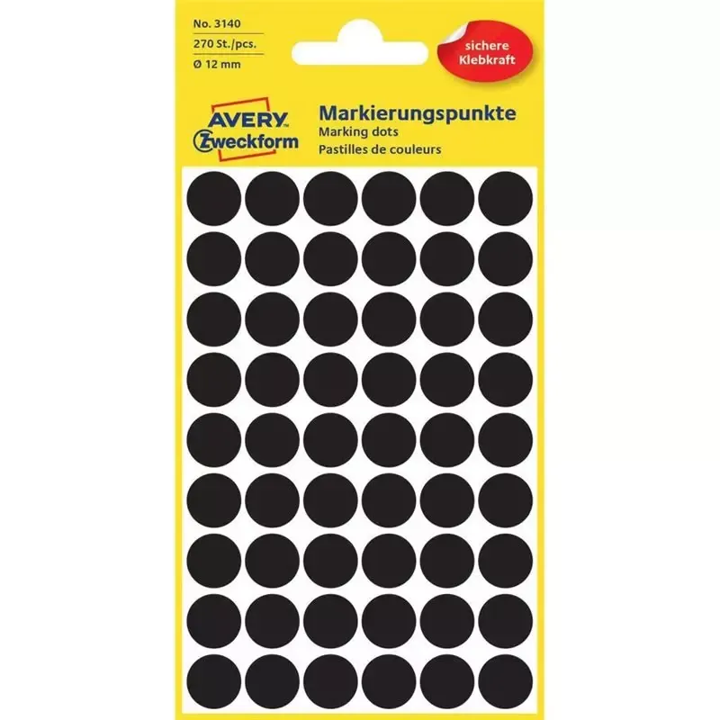Pastilles adhésives rondes Avery 12 mm noires (270 pièces)