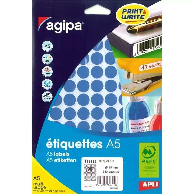 Pastilles adhésives rondes bleues 15 mm imprimables (960 pastilles)