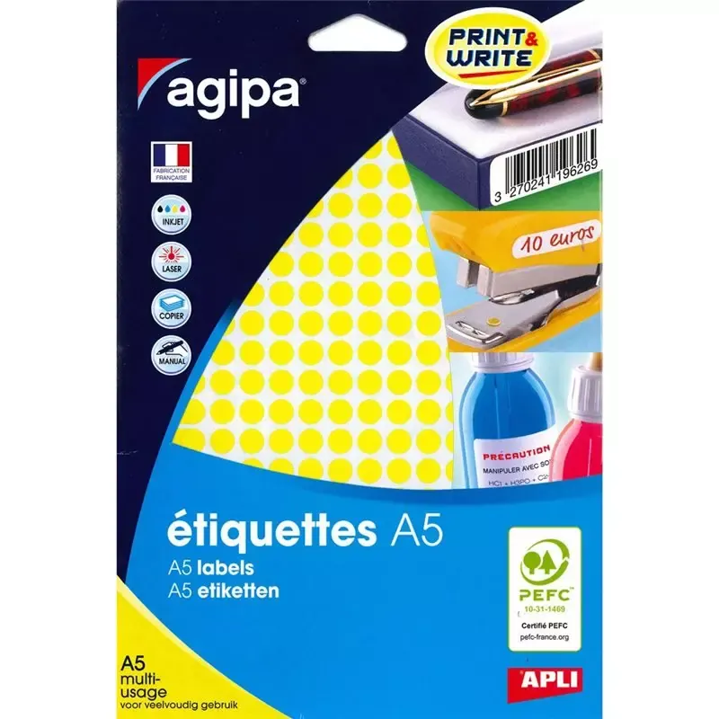 Pastilles adhésives rondes jaunes 8 mm imprimables (2 940 pastilles)