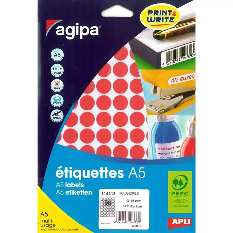 Pastilles adhésives rondes rouges 15 mm imprimables (960 pastilles)