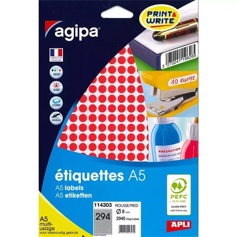 Pastilles adhésives rondes rouges 8 mm imprimables (2 940 pastilles)