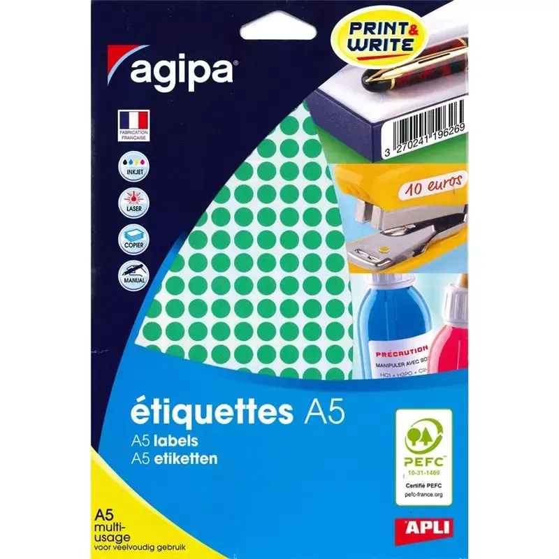 Pastilles adhésives rondes vertes 8 mm imprimables (2 940 pastilles)
