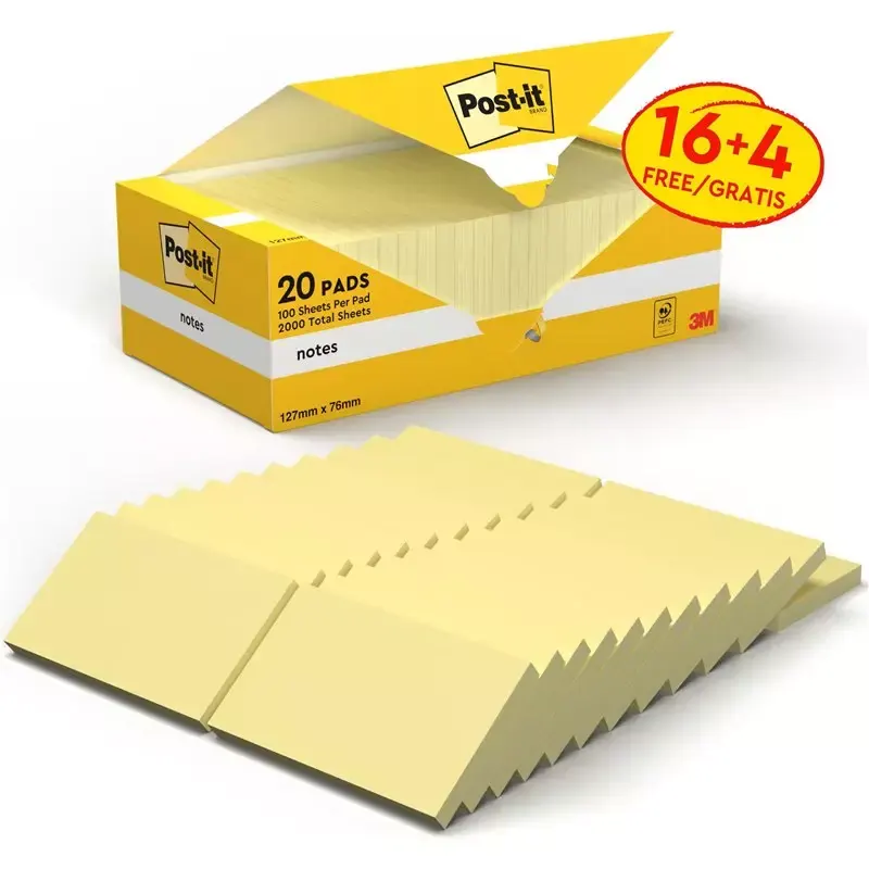 Post-it Bloc-Notes Adhésif 127x76 mm Jaune - 20 Blocs de 100 Feuilles