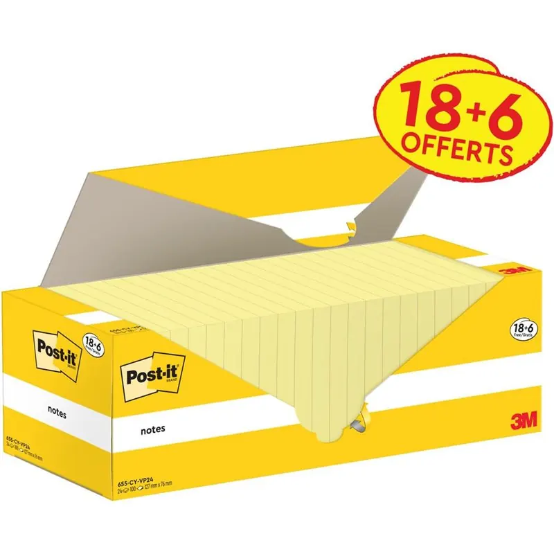 Post-it Bloc-notes Adhésif 127x76 mm Jaune - Lot de 24 Blocs x 100 Feuilles