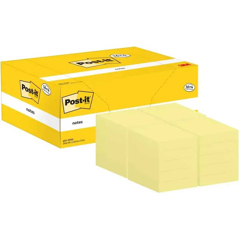 Post-it Bloc-notes adhésif 51 x 38 mm - Jaune - Lot de 20 blocs (16+4 gratuits)