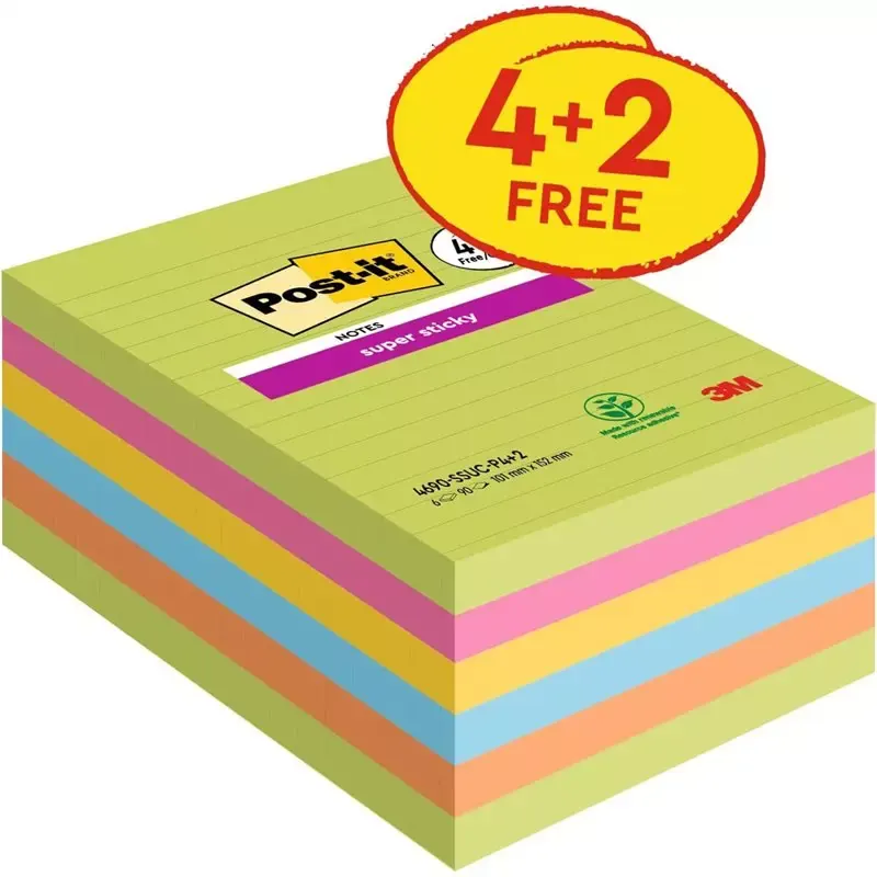 Post-it Bloc-notes super sticky 6 blocs 101 x 152 mm lignés