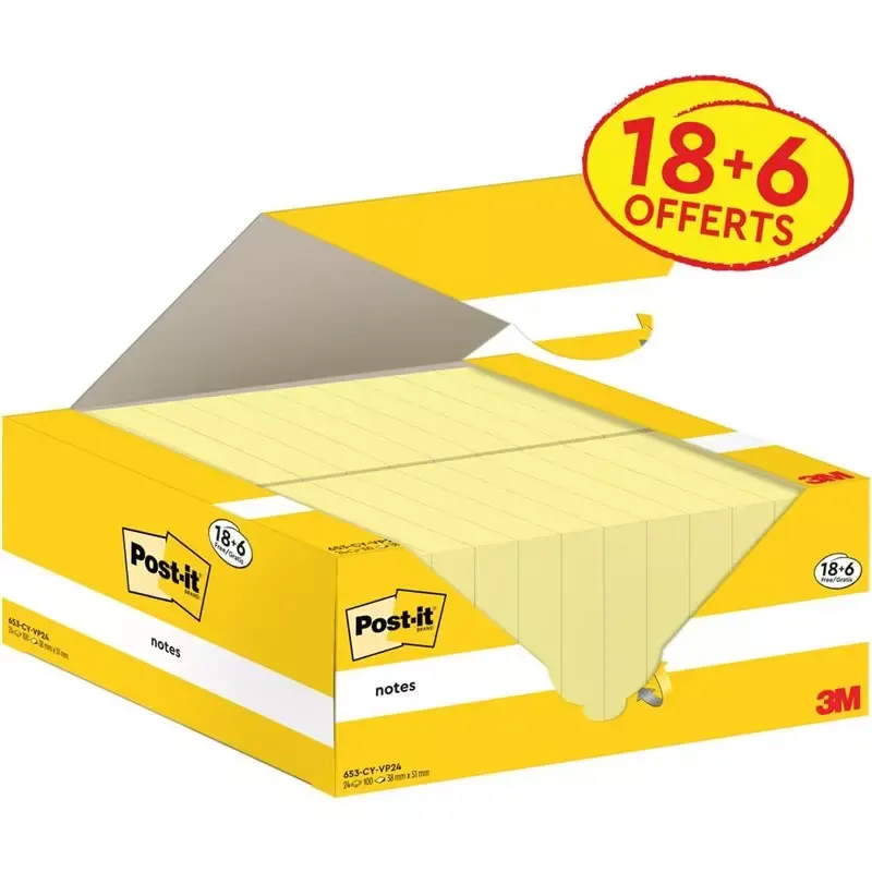 Post-it Jaune 51 x 38 mm - Paquet Économique 24 Blocs (18+6 Gratuits)