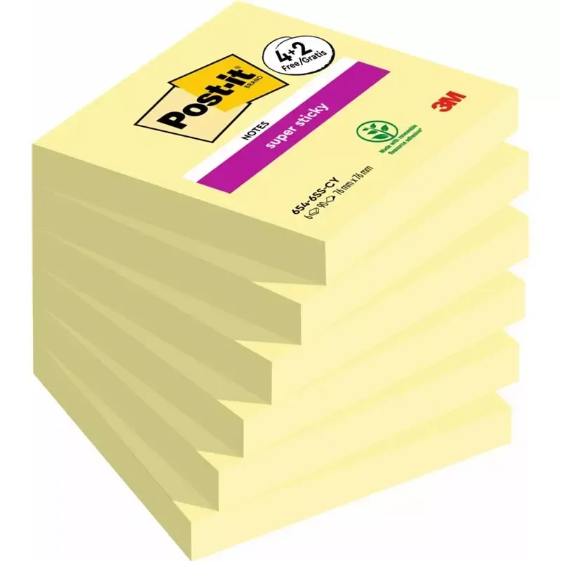 Post-it Super Sticky - Bloc notes adhésif 76 x 76 mm jaune, 90 feuilles - pack 4+2 offerts