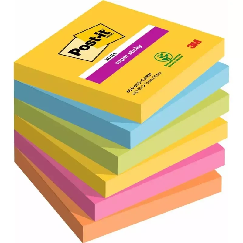 Post-it Super Sticky Notes Carnival - Bloc 76 x 76 mm couleurs ultra, 90 feuilles - lot de 6 blocs