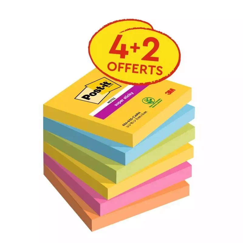 Post-it Super Sticky Notes Carnival - Bloc 76 x 76 mm couleurs vives, 90 feuilles - pack 4+2