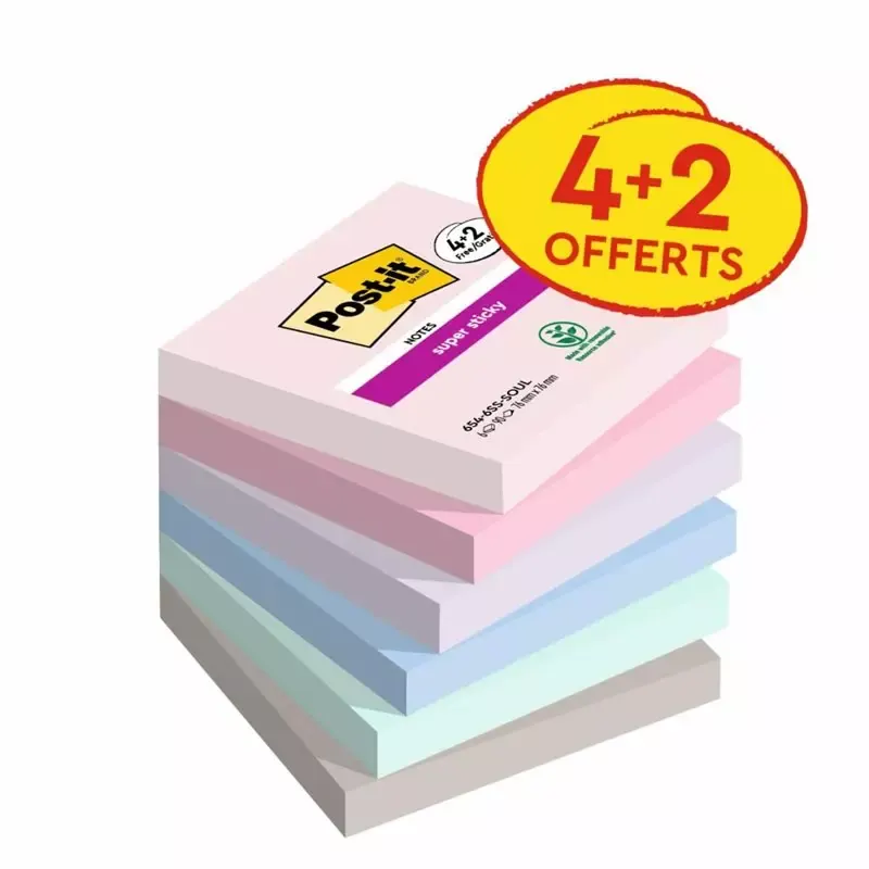 Post-it Super Sticky Notes Soulful - Bloc 76 x 76 mm tons pastels, 90 feuilles - pack 4+2