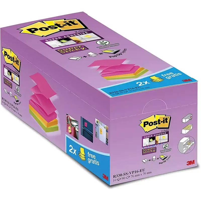 Post-it Z-notes colorés Super Sticky - 76 x 76 mm - 16 blocs - en paquet éco
