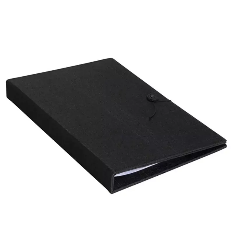 Protège-menu Europel en lin A4 noir, 6 pochettes, fermeture bouton et fil