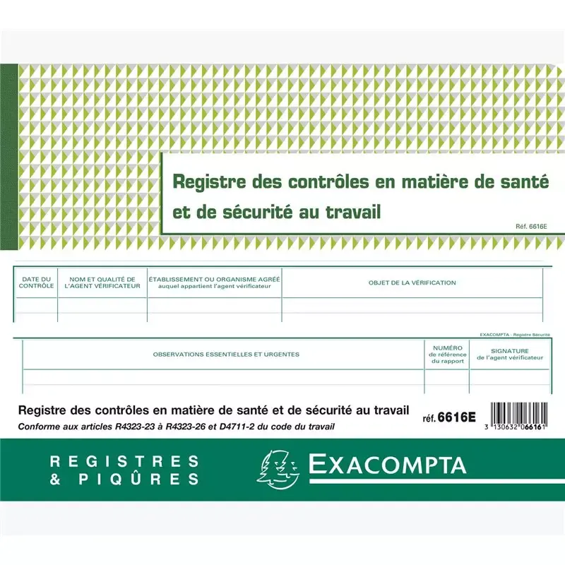 Registre de Contrôles Santé et Sécurité Exacompta - 24x32cm, 20 pages