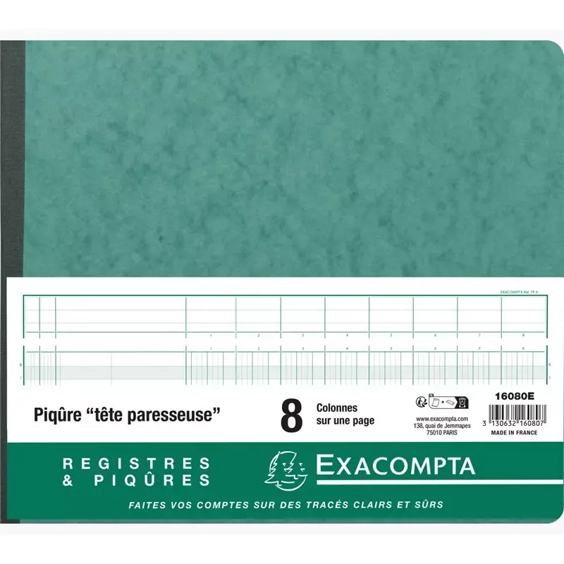 Registre Exacompta tête paresseuse, 8 colonnes, 80 pages, 27x32 cm