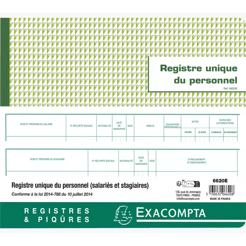 Registre Unique du Personnel Salariés et Stagiaires - Piqûre 27x32 cm - 56 pages - Exacompta